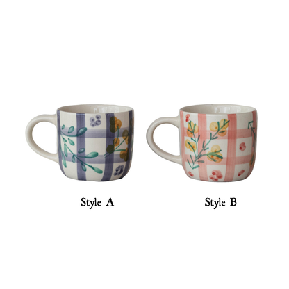 Hand-Painted Grid Botanical Ceramic Mug