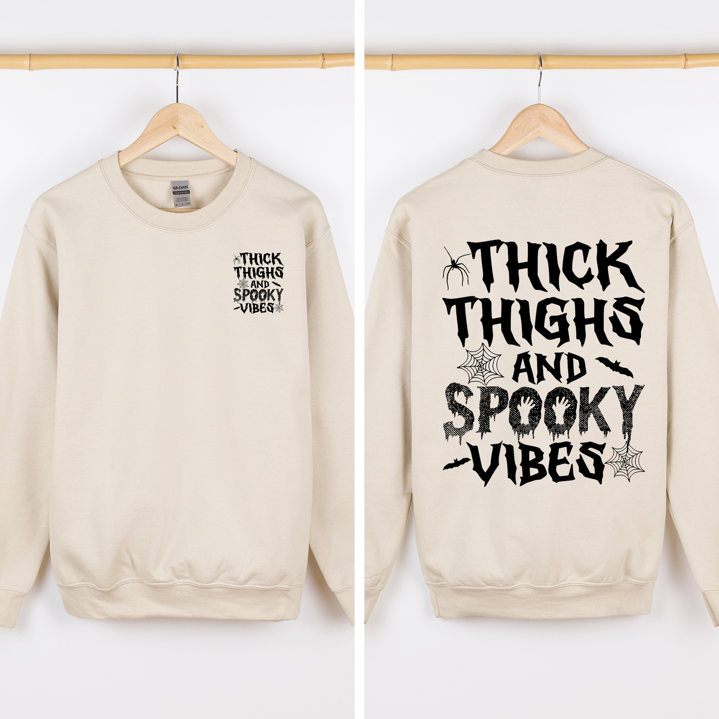 Thick Thighs Spooky Vibes Front And Back Faux Patchwork Lace Ghost Motif With Glitter Accent Halloween Edition Hoodie