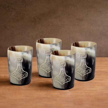 Whiskey Shot Cups Set Nordic Hammer Pattern Real Ox Horn 6.5 oz, Pack 4, 8 & 12