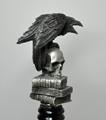 Raven Winestopper, Hand Sculpted Resin, Gothic Art Barware |Poe’s Raven with Skull and Books Bottle Stopper |Gothic Wine Gift and Home Decor