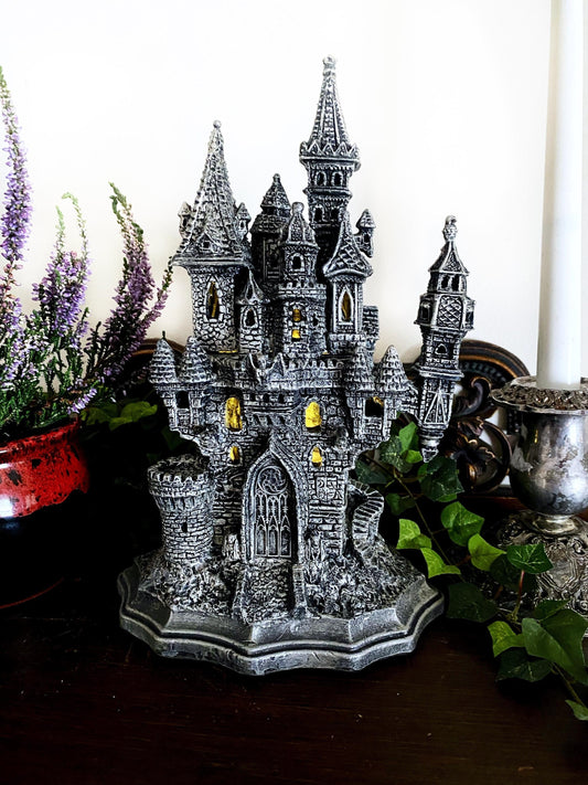 Castle Dracula, Gothic Hand Painted Resin Sculpture with LED Tea Light |Vampire Lair Gothic Statue |Gift for Gamers and Spooky Home Decor