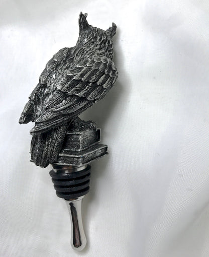 Horned Owl Winestopper, Hand Sculpted Resin | Gothic Art Barware | Owl with Books Bottle Stopper | FantasyGothic Witch Wine and Barware Gift