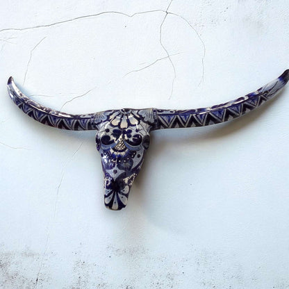 Talavera Longhorn Skull | Blue & White Mexican Wall Art