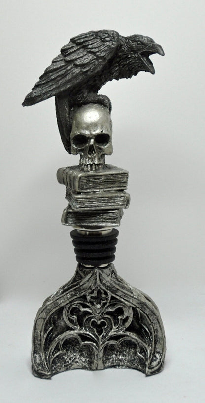 Raven Winestopper, Hand Sculpted Resin, Gothic Art Barware |Poe’s Raven with Skull and Books Bottle Stopper |Gothic Wine Gift and Home Decor