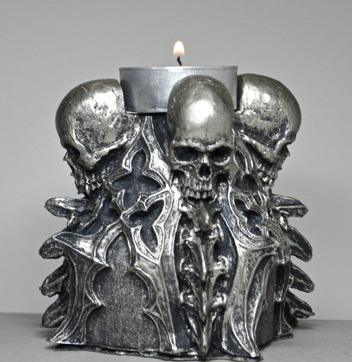 Requiem Gothic Tea Light Holder, Hand Sculpted Resin | Spooky Gothic Skull and Bones Candle Holder for Halloween Gift and Gothic Decor