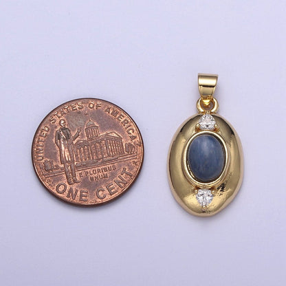 Gold Oval Pendant with Blue Tiger Eye Gemstone For Statement Jewelry Charm H-545