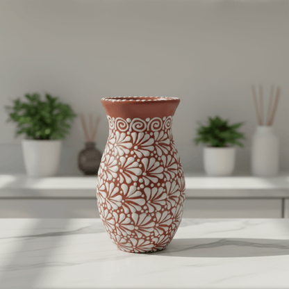 Handcrafted Talavera Vase | Brown & White Relief Pottery
