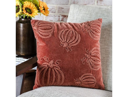 Auburn Pumpkin Embroidered Velvet Pillow