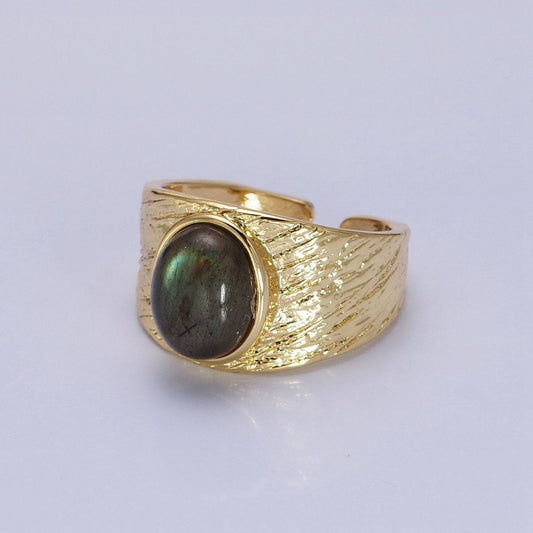Labradorite, Moonstone Natural Gemstone Oval Line-Textured Gold Band Ring | O-1862~O-1863
