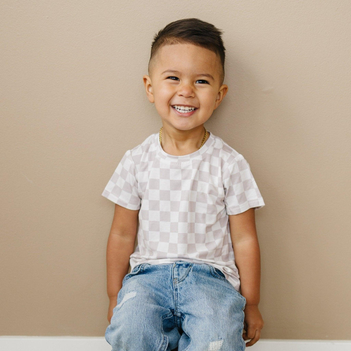 Neutral Checkered Bamboo Tee *Sizes 3/6m & sz 6 left