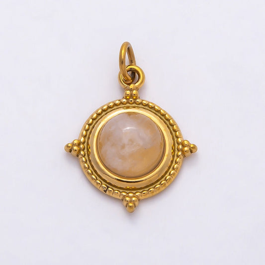 PVD Stainless Steel 18mm Rose Quartz Gemstone Dotted Round Charm | Charms-00806