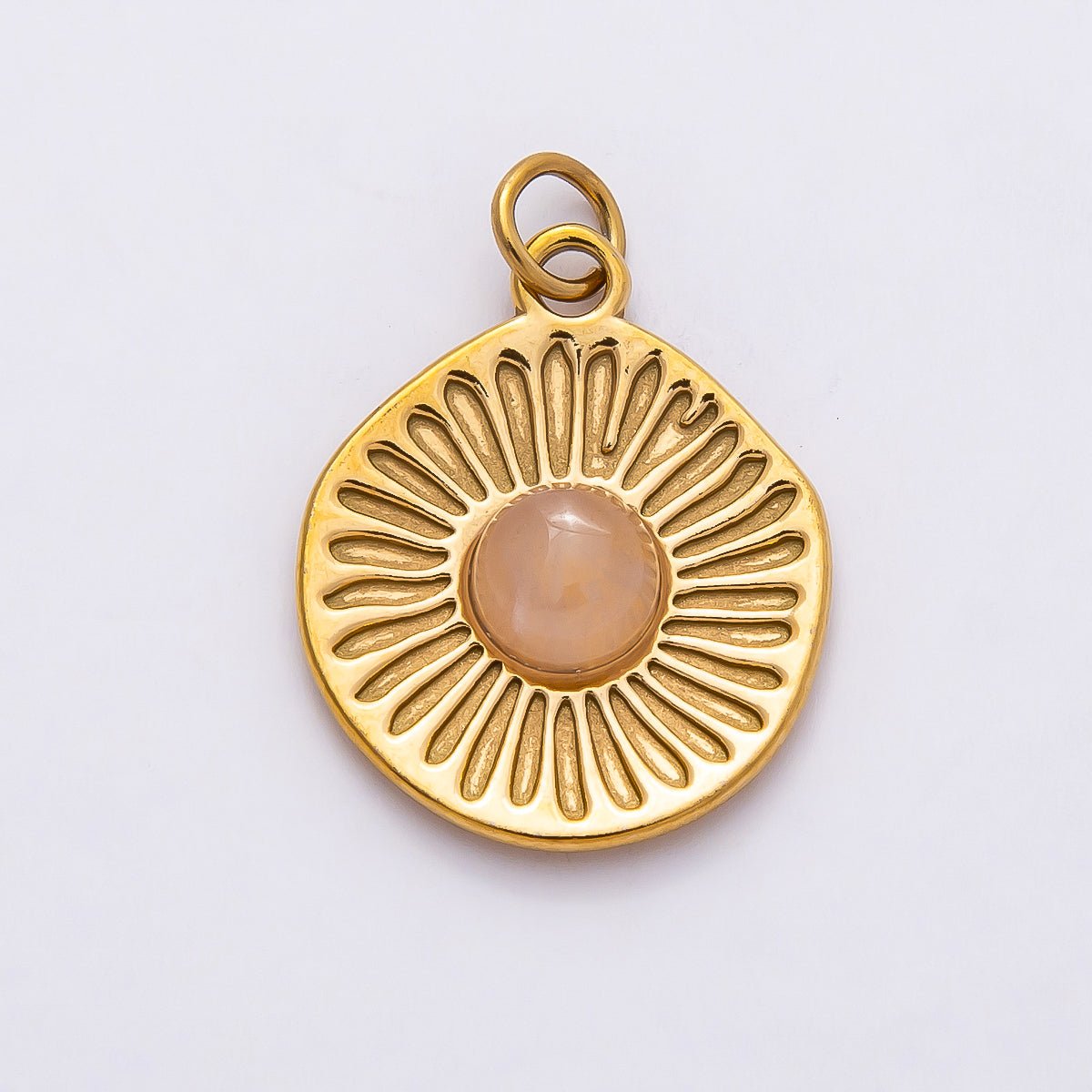 PVD Stainless Steel 21mm Rose Quartz Gemstone Sunburst Round Charm | Charms-00800