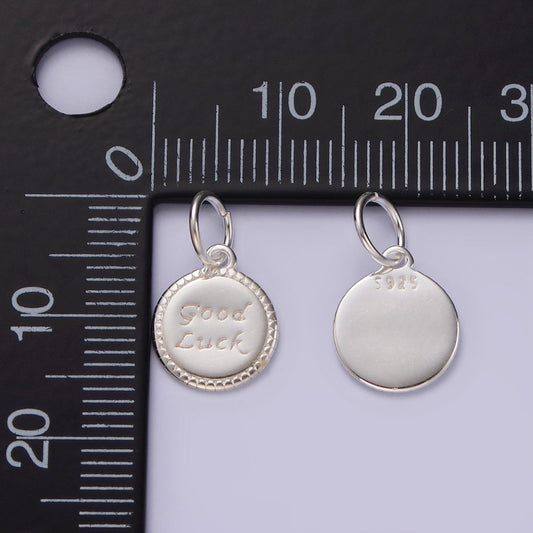 S925 Sterling Silver "Good Luck" Script Engraved Round Charm | SL-434