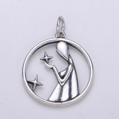 S925 Sterling Silver Zodiac Horoscope Silver Open Round Charm | A-A1833-A-A1838