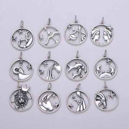 S925 Sterling Silver Zodiac Horoscope Silver Open Round Charm | A-A1833-A-A1838