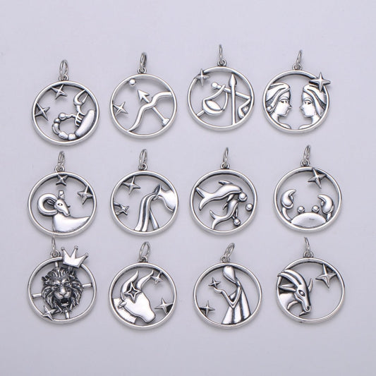 S925 Sterling Silver Zodiac Horoscope Silver Open Round Charm | A-A1833-A-A1838