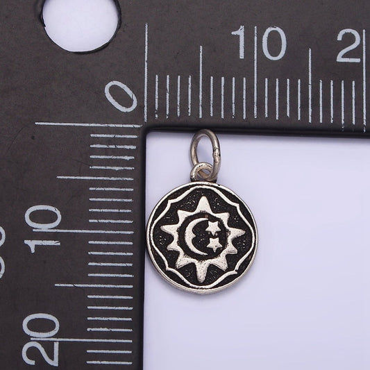 Sterling Silver S925 Celestial Sun Star Crescent Moon Round Coin Charm | SL-343