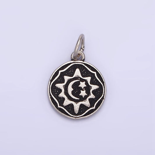 Sterling Silver S925 Celestial Sun Star Crescent Moon Round Coin Charm | SL-343