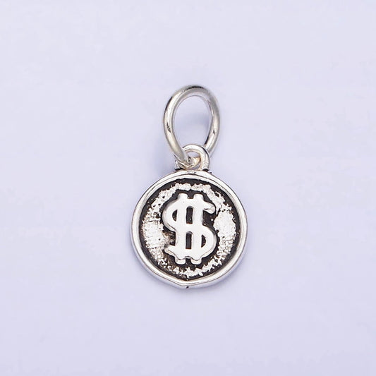 Sterling Silver S925 "$" Dollar Money Currency Symbol Mini Round Charm | SL-270