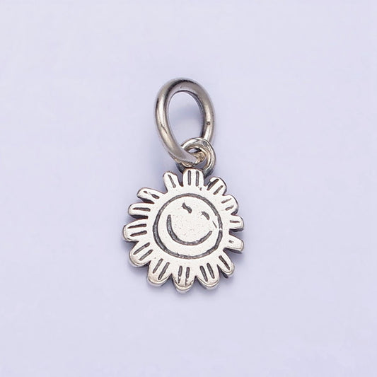 Sterling Silver S925 Round Smiley Face Celestial Sun Flower Charm | SL-275